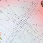 Abstract circular network with interconnected geometric shapes and organic forms on a pink gradient background