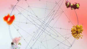 Abstract circular network with interconnected geometric shapes and organic forms on a pink gradient background