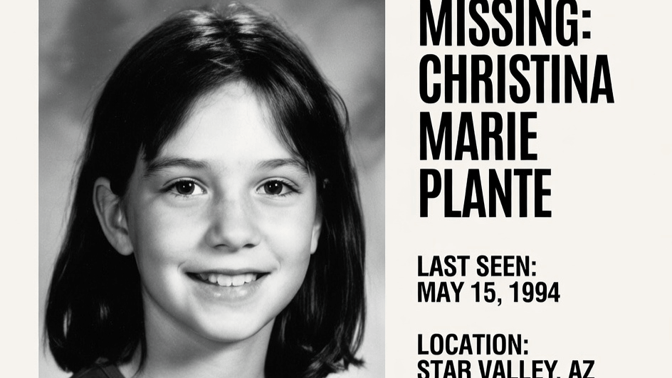 Black and white photo of missing girl Christina Marie Plante, last seen May 15, 1994, in Star Valley, AZ.