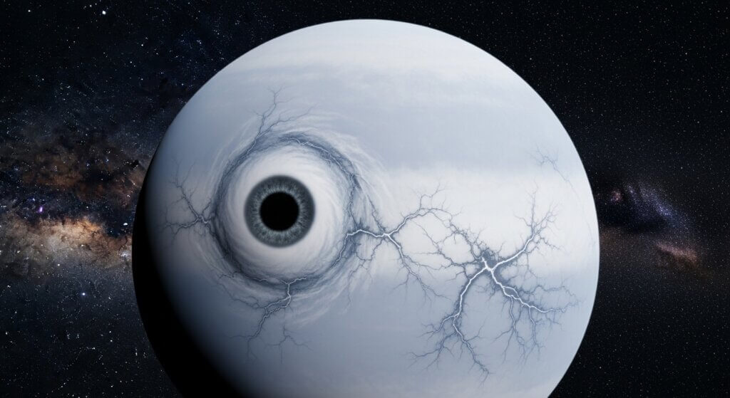 Planet with a large eye-like storm and lightning patterns on its surface against a starry galaxy background.