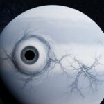 Planet with a large eye-like storm and lightning patterns on its surface against a starry galaxy background.