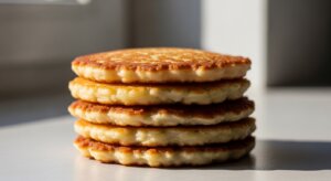 Stack of five golden brown pancakes on a white surface with soft natural lighting