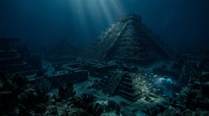 Underwater ancient pyramid ruins illuminated by a small submersible with fish swimming nearby.