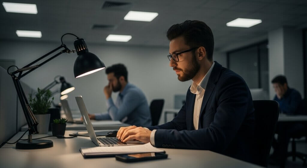 Man in glasses and suit working on laptop at desk with lamp in modern office at night