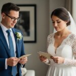 Bride in lace wedding dress and groom in blue suit reading cards indoors before ceremony