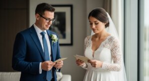 Bride in lace wedding dress and groom in blue suit reading cards indoors before ceremony