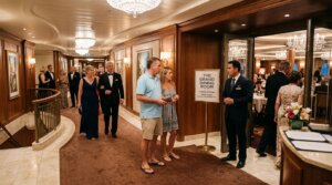 Couple in casual clothes talking to a host outside The Grand Dining Room with formally dressed guests entering.