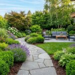 Curved stone pathway through lush garden leading to modern patio furniture outside wooden house