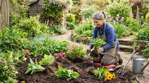 Woman in blue jacket and apron planting green leafy plants in a vibrant garden with gardening tools nearby