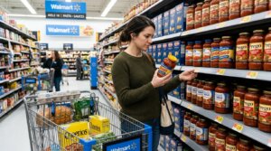 Woman examining Ragu pasta sauce jar in Walmart pasta aisle with shopping cart containing groceries including Cheerios cereal