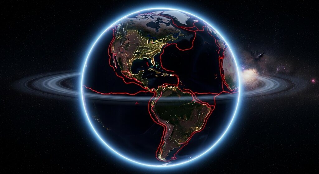 Earth at night showing the Americas with illuminated cities and red tectonic plate boundaries, with Saturn-like rings around the planet.
