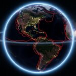 Earth at night showing the Americas with illuminated cities and red tectonic plate boundaries, with Saturn-like rings around the planet.