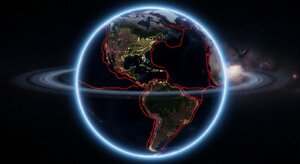 Earth at night showing the Americas with illuminated cities and red tectonic plate boundaries, with Saturn-like rings around the planet.