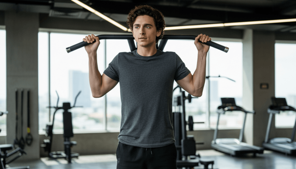 Young man in gray shirt using a lat pulldown machine in a gym with treadmills in the background