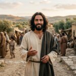 Man in biblical attire smiling and gesturing in an ancient village setting with people and stone buildings in the background