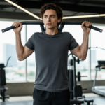 Young man in gray shirt using a lat pulldown machine in a gym with treadmills in the background