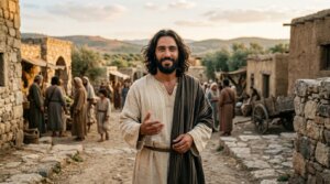 Man in biblical attire smiling and gesturing in an ancient village setting with people and stone buildings in the background