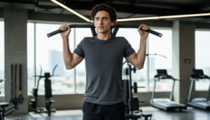 Young man in gray shirt using a lat pulldown machine in a gym with treadmills in the background