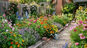 Colorful flower garden with butterflies, a watering can, and a gravel path leading to a wooden gate and house.