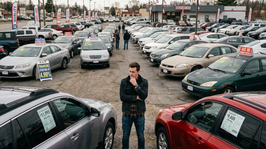 Man in black jacket and jeans standing between rows of used cars at dealership with price and financing signs visible