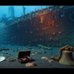 Rusty shipwreck on the ocean floor with a bell, a suitcase, and a plate covered in marine growth.