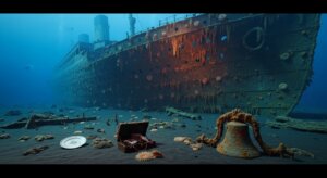 Rusty shipwreck on the ocean floor with a bell, a suitcase, and a plate covered in marine growth.