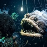 Deep-sea anglerfish with bioluminescent lure glowing in dark ocean surrounded by coral and small marine creatures.