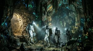 Four explorers in protective suits with headlamps inside a glowing bioluminescent cave