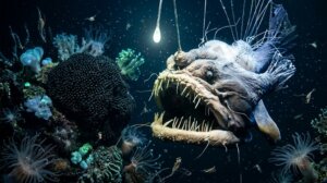 Deep-sea anglerfish with bioluminescent lure glowing in dark ocean surrounded by coral and small marine creatures.