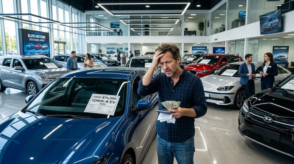 Man holding cash and receipts looking stressed next to a blue 2026 IONIK-6 EV priced at $74,990 in a Hyundai dealership showroom.