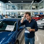 Man holding cash and receipts looking stressed next to a blue 2026 IONIK-6 EV priced at $74,990 in a Hyundai dealership showroom.