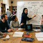 Teacher explaining the fourth dimension and tesseract to a group of students in a library study session.