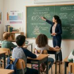 Teacher explaining updated science facts about Pluto, food pyramid, and tongue map to elementary students in classroom.