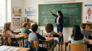 Teacher explaining updated science facts about Pluto, food pyramid, and tongue map to elementary students in classroom.