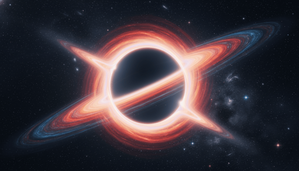 Black hole with glowing red and blue accretion disk rings against a starry space background.