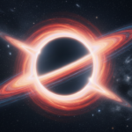 Black hole with glowing red and blue accretion disk rings against a starry space background.