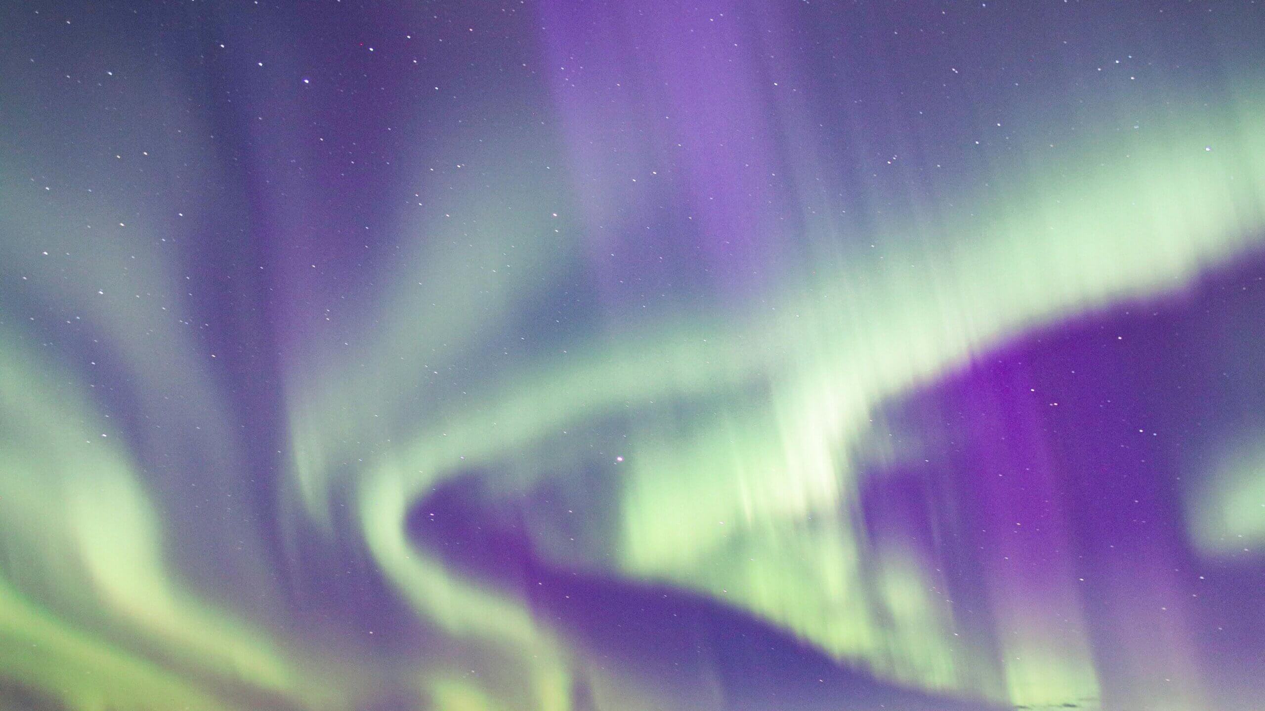 Green and purple northern lights swirling across a starry night sky