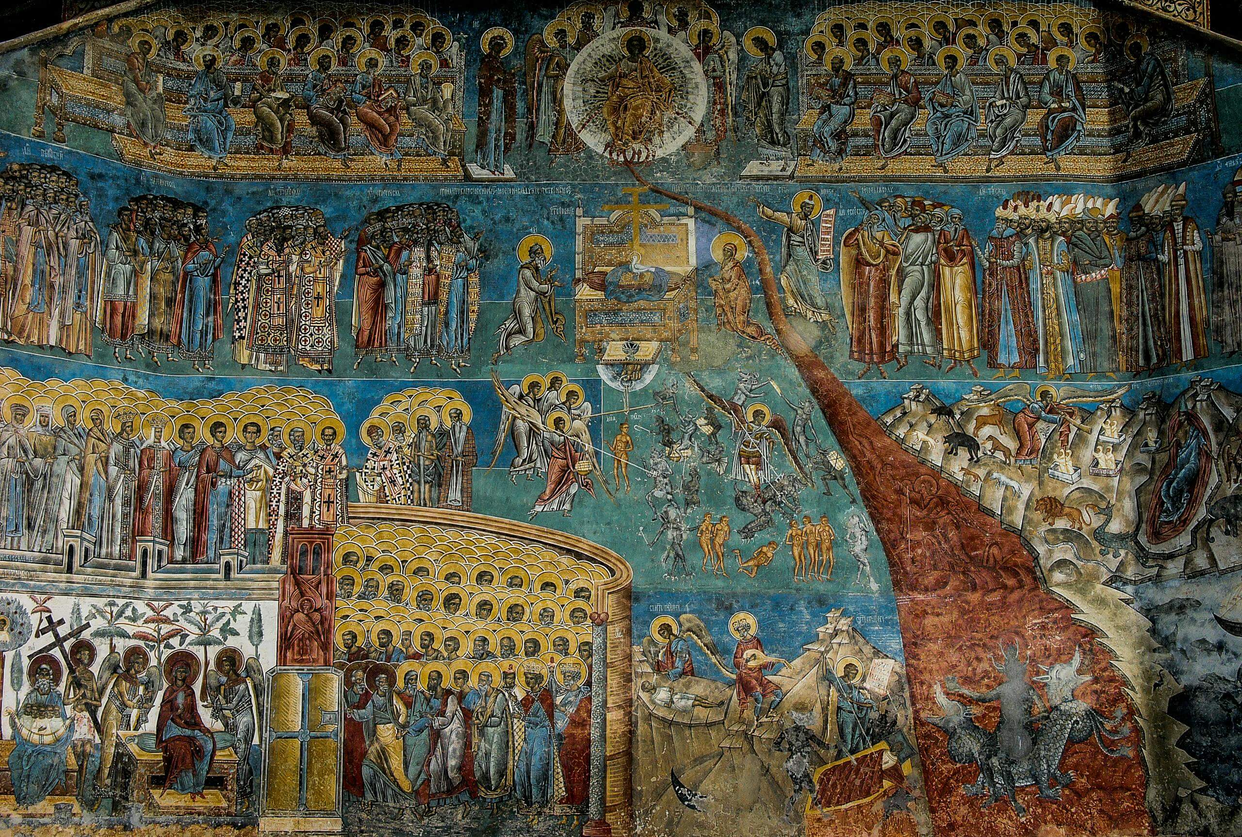 Byzantine-style fresco depicting the Last Judgment with Christ, angels, saints, and souls ascending or descending to heaven and hell.