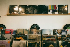 Vinyl records displayed on shelves in a record store, featuring albums by The Lumineers, Deftones, and Alicia Keys.