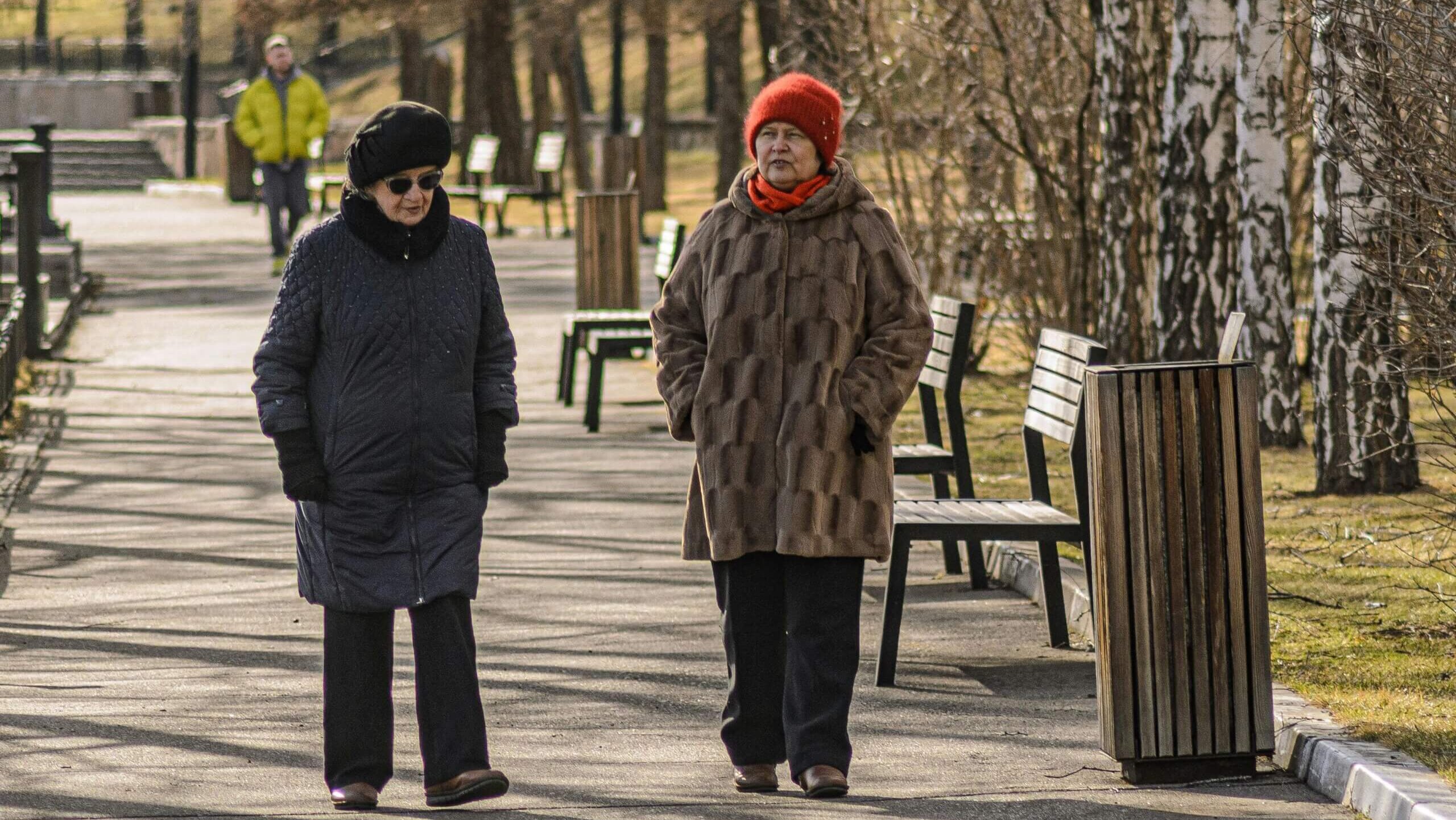 Two elderly women wearing winter coats and hats walking on a park path lined with benches and birch trees.
