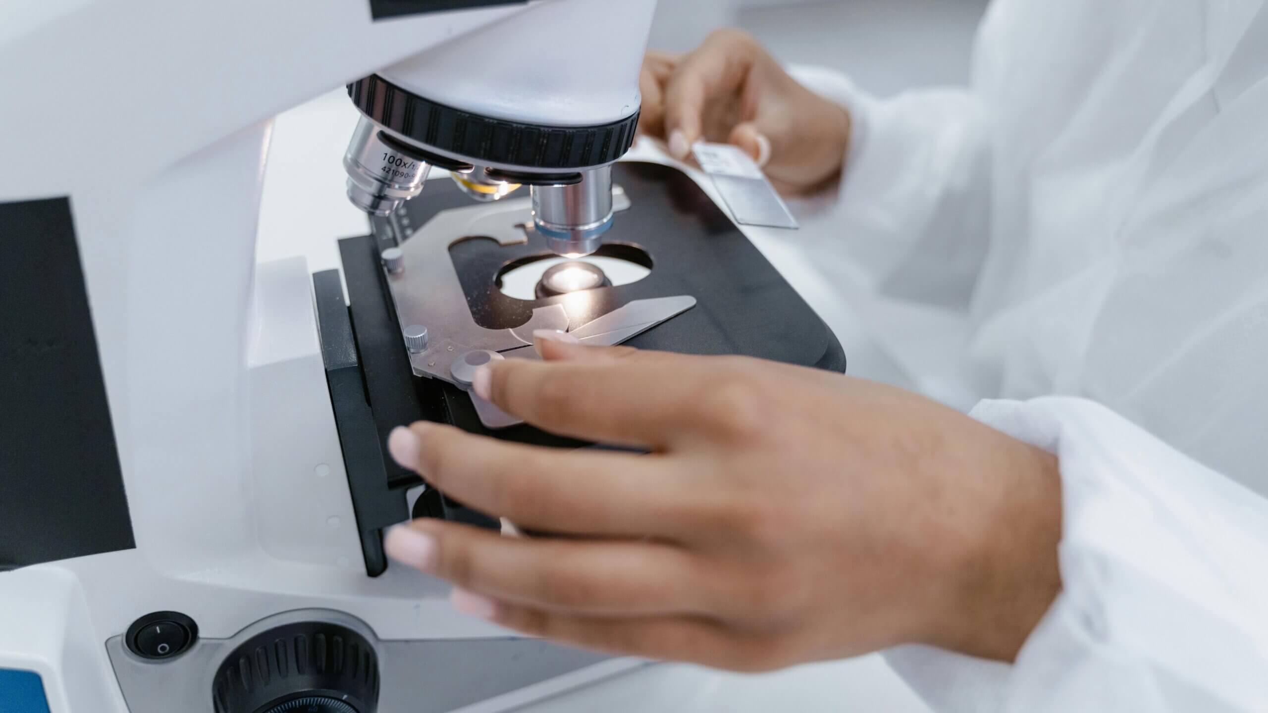 Hands adjusting a microscope slide under a 100x objective lens in a laboratory setting.