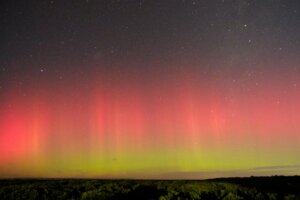 Red and green northern lights glowing above a dark forest under a starry night sky