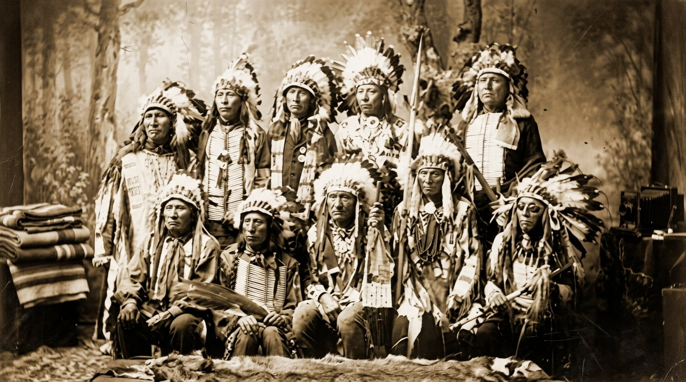 Group of Native American men wearing traditional feathered headdresses and regalia in a vintage studio portrait