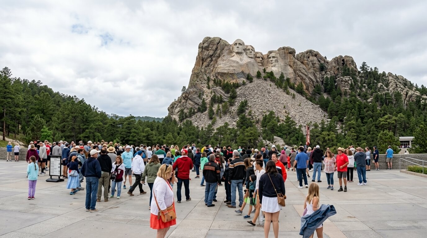 Crowd of tourists gathered at Mount Rushmore National Memorial with carved faces of four U.S. presidents visible on the mountain.