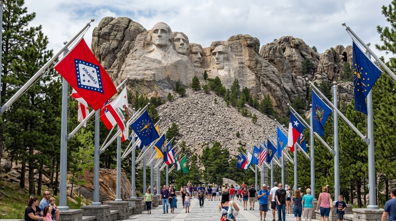 Mount Rushmore with visitors walking along Avenue of Flags displaying U.S. state flags