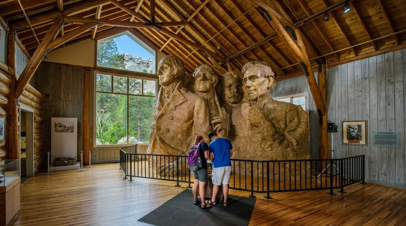 Visitors viewing the unfinished Mount Rushmore sculpture model inside the wooden artist's studio with the completed monument visible through the window.