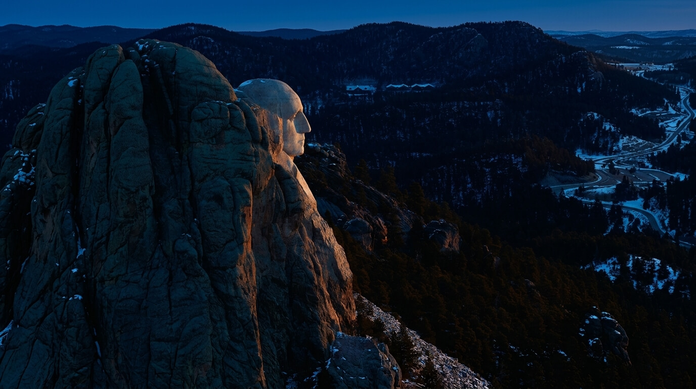 Mount Rushmore sculpture of George Washington's face illuminated at dusk with surrounding forested mountains.