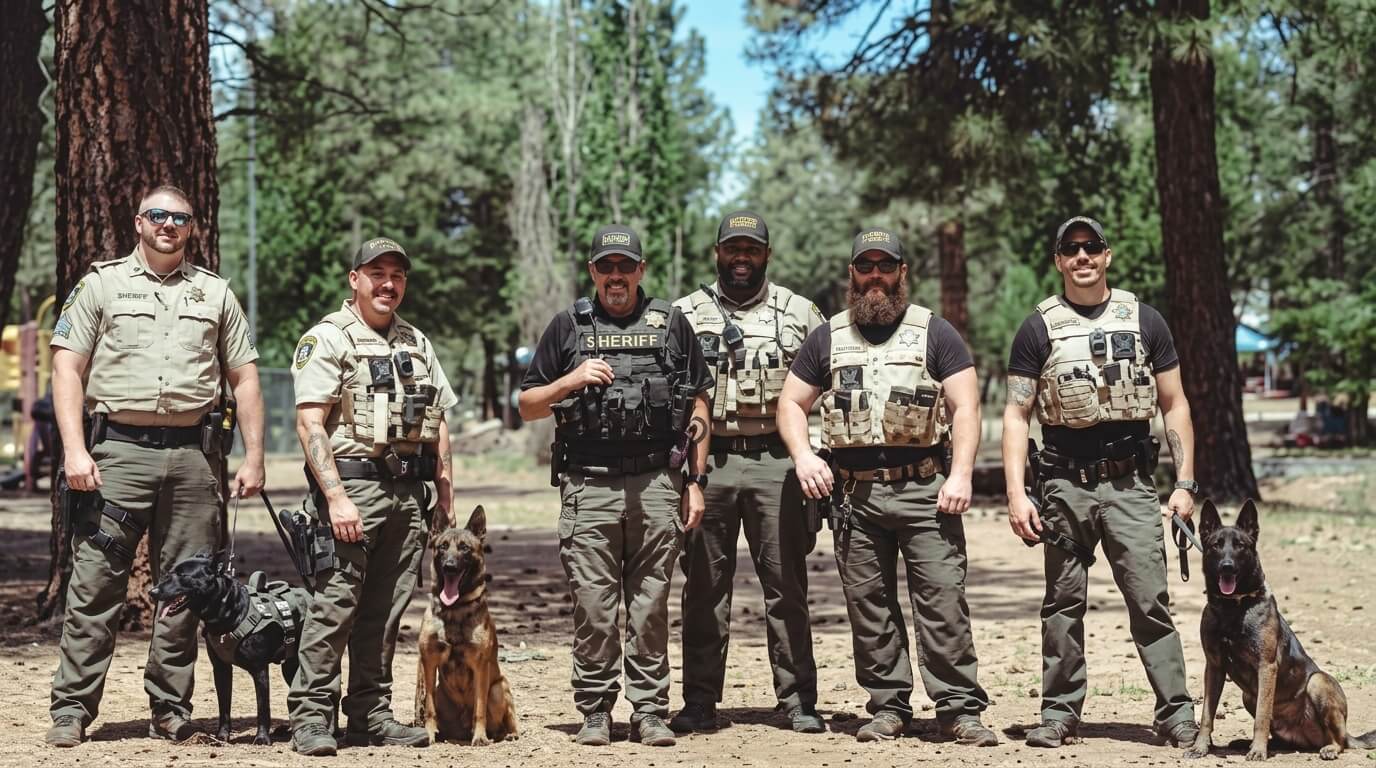 Six sheriff deputies in uniform standing outdoors with three police dogs in a wooded area