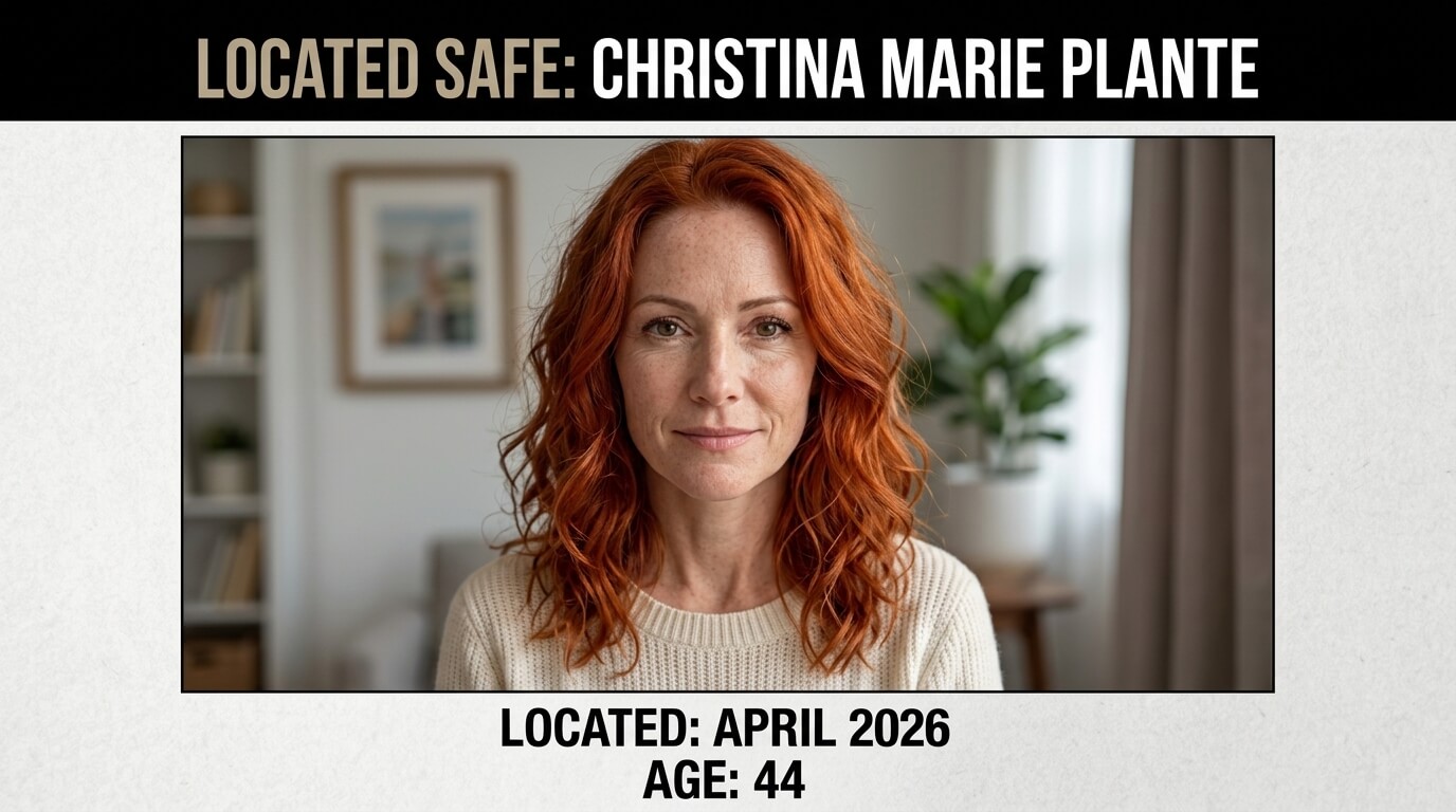 Christina Marie Plante, 44, with red curly hair and beige sweater, located safe in April 2026.