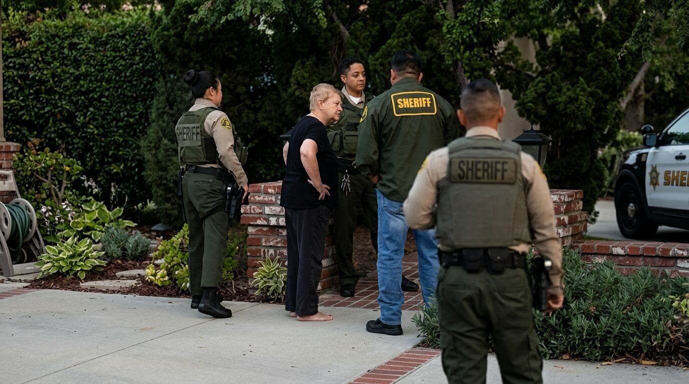 Four sheriff deputies talking to a barefoot older woman and a man in a residential garden area near a sheriff vehicle.